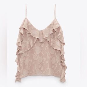 Zara Ruffled Jacquard V-neck Pink‎ Camisole spaghetti straps N108